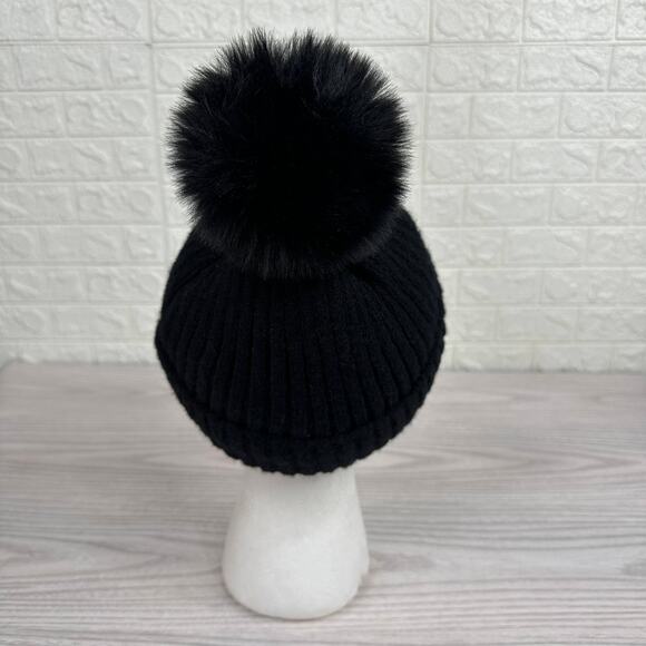 Hat Attack Acrylic Pom Pom Winter Beanie Hat Faux Fur Lined Ribbed Knit Black - Picture 3 of 11